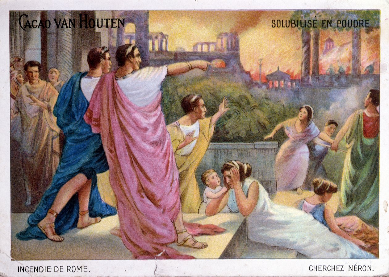 Tarjeta promocional para el chocolate para beber Cacao van Houten ilustrando el incendio de Roma en 64 d.C., c.1910 de French School