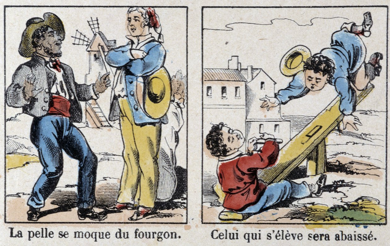 Proverbio en la imagen de Epinal: “la pala se burla del vano”, “Quien se eleva, será rebajado” de French School