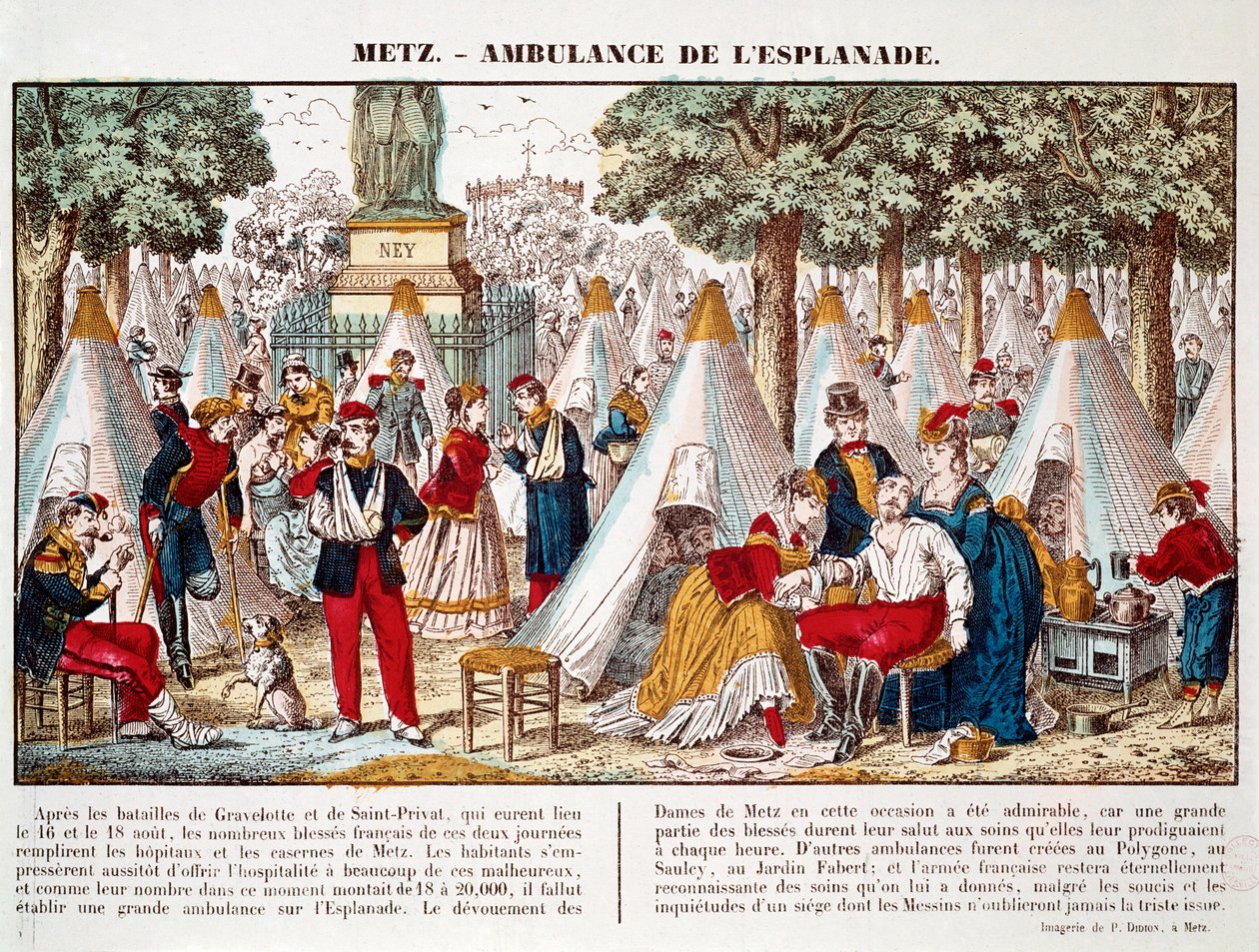 Guerra prusiana: una ambulancia instalada en la explanada para tratar a los heridos en 1870 en Metz (grabado) de French School
