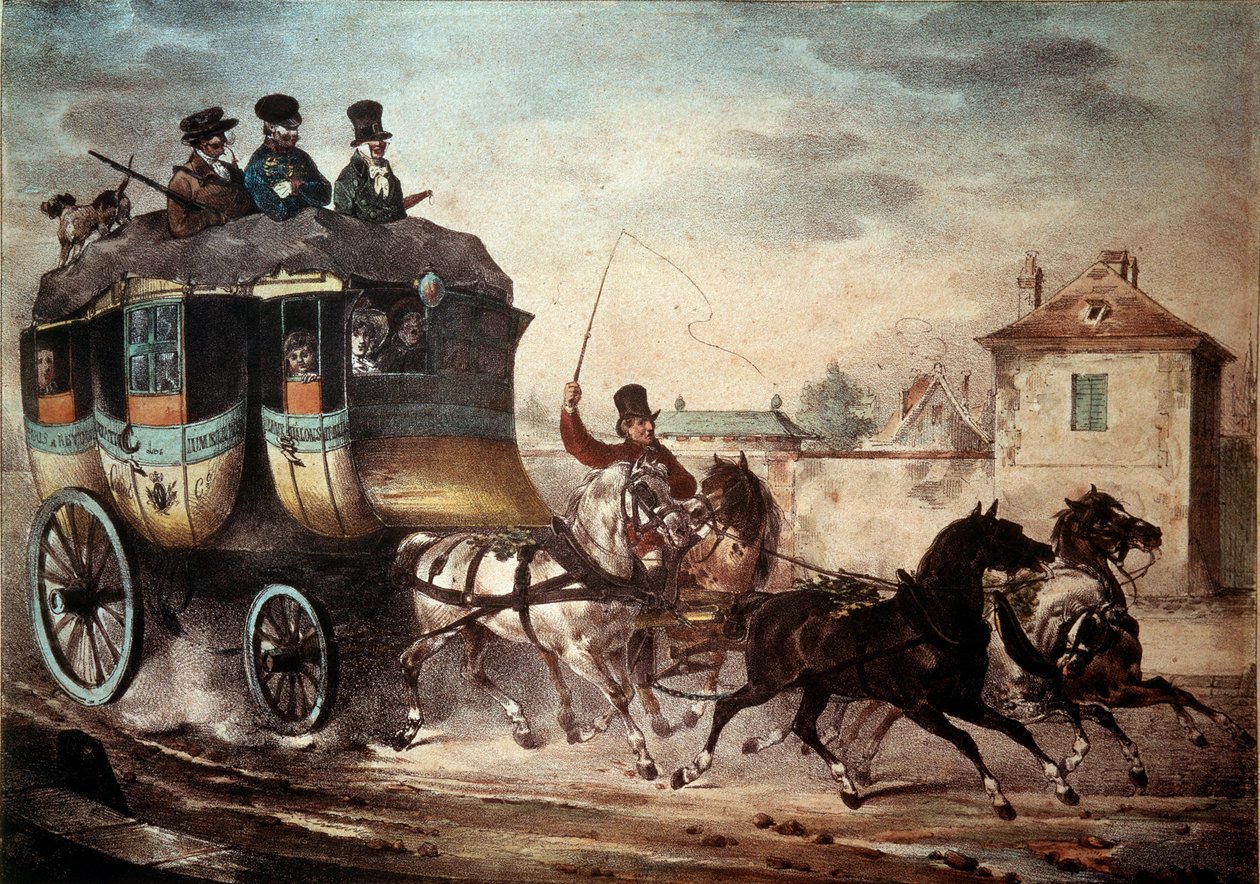 Transporte público: diligencia de la línea entre París y Meaux. Ilustración de Villain en 1824. de French School