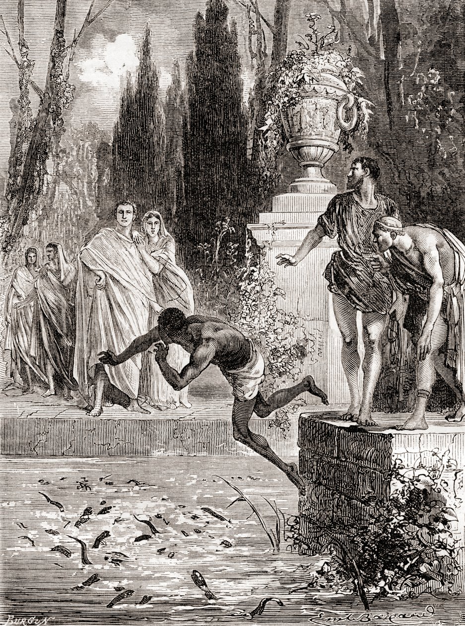 Publio Vedio Polión, ecuestre romano, alimentando a un esclavo con sus anguilas lampreas, de Les Merveilles de la Science, publicado c.1870 de French School