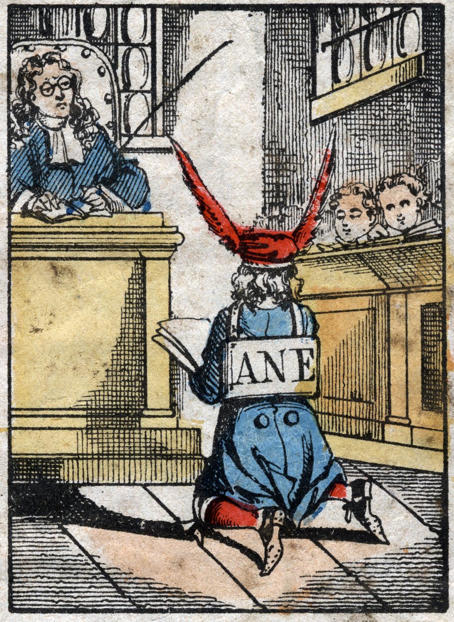 Castigo en la escuela: Alumno castigado, con un gorro de burro. Imagen de Epinal de finales del siglo XIX. de French School