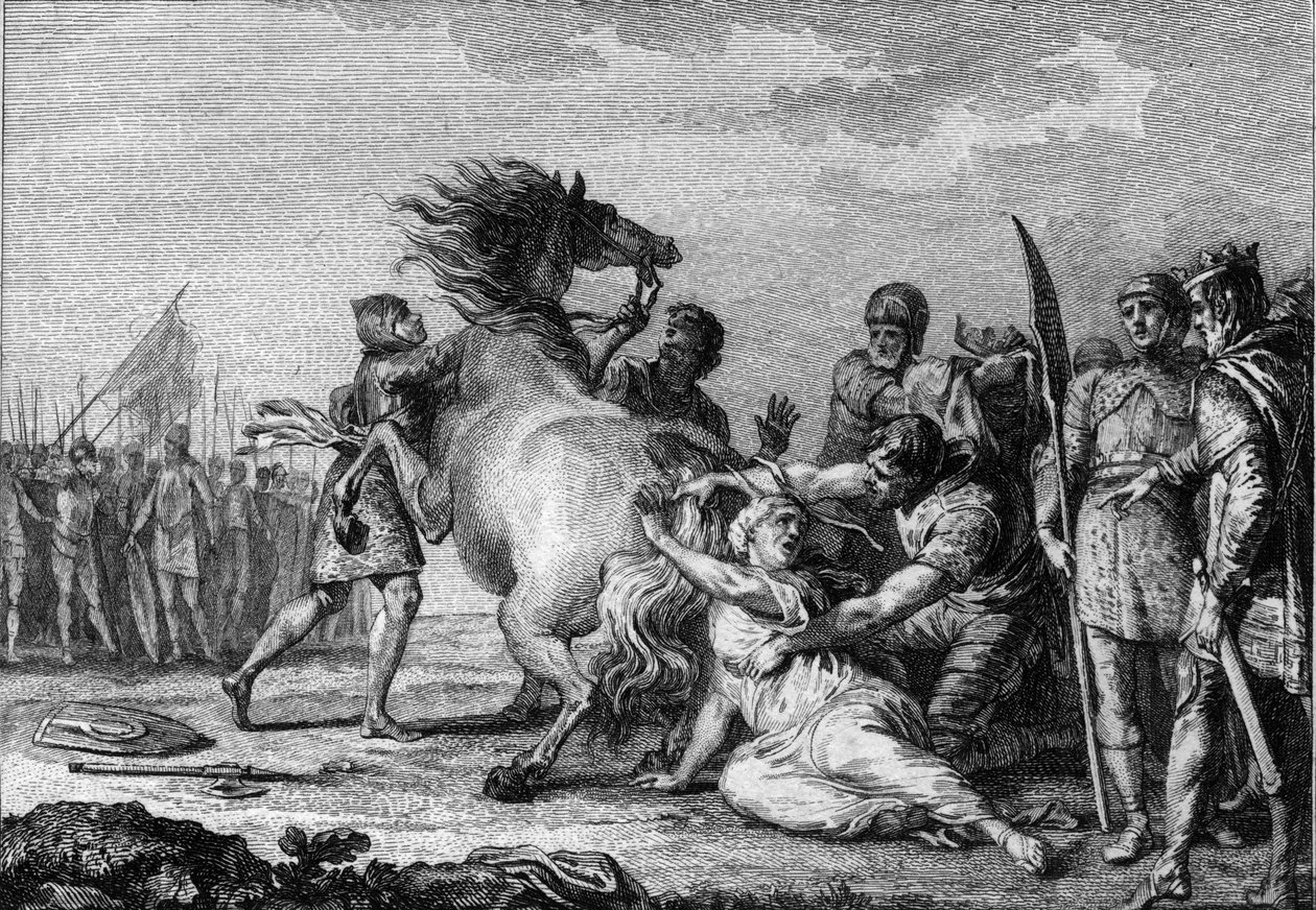 Castigo de Brunehaut, 613: Brunehaut o Brunehilde (543-613), reina de Austrasia, es atada a la cola de un caballo indomable antes de ser arrastrada al suelo. Grabado del siglo XVIII. de French School