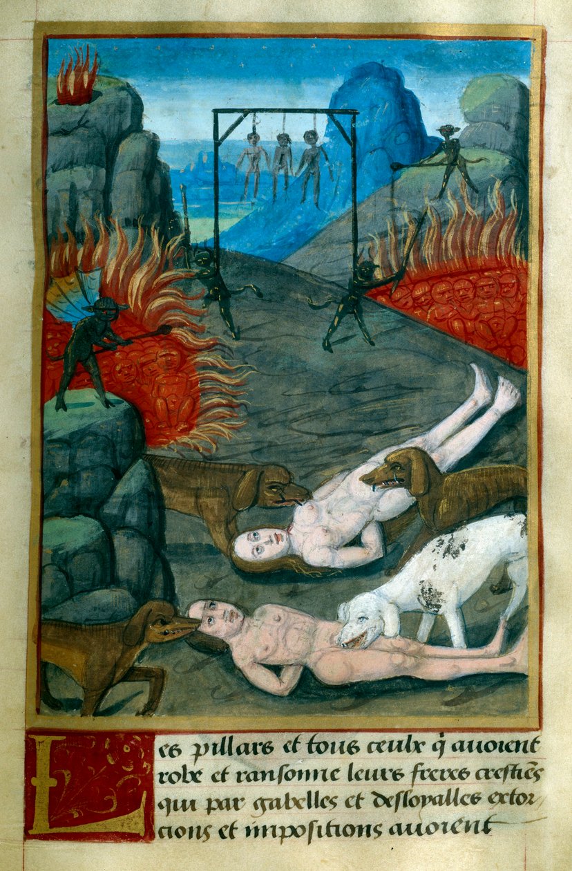 Castigo reservado a los ladrones y saqueadores en el Infierno, son ahorcados, quemados y devorados por los perros. Miniatura de "Le Tresor de Sapience" de Jean Gerson (1363-1429) siglo XV Chantilly, Museo Conde de French School