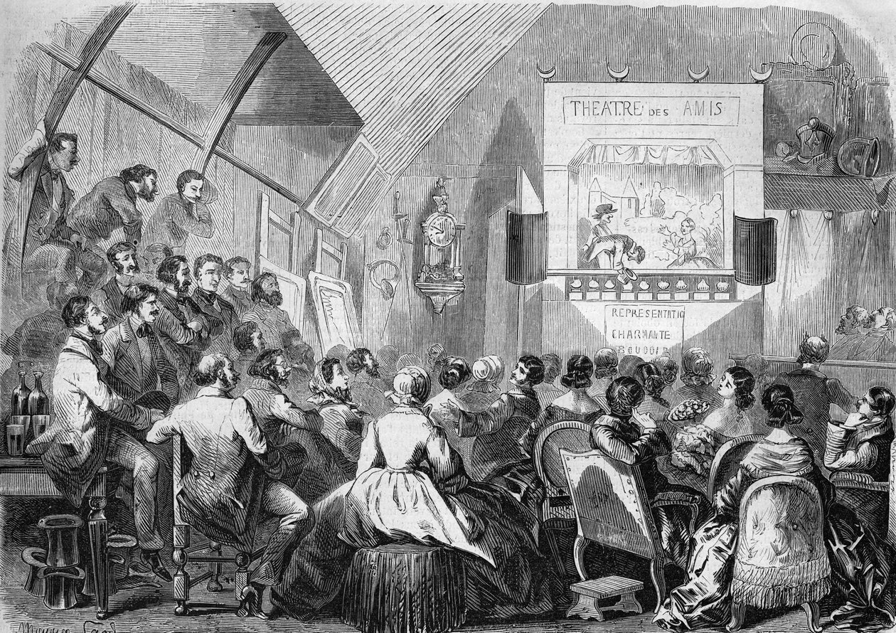 Teatro de marionetas en 1858. Representación en el taller de Maurice Sand (1823-1889) 12 rue Boursault en París. de French School