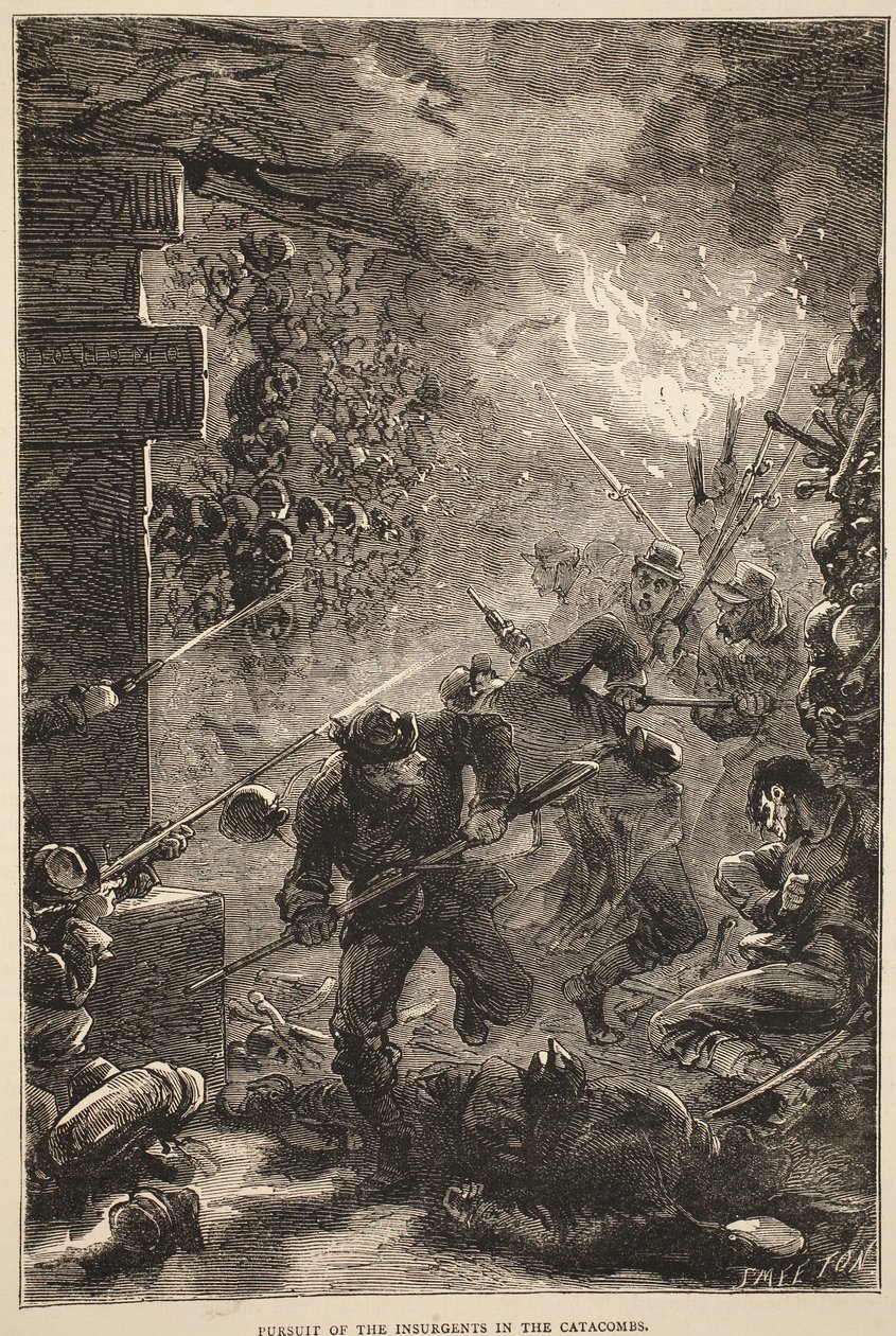 Persecución de los insurgentes en las Catacumbas, mayo 1871, ilustración de la Historia de la Guerra entre Francia y Alemania, 1870-1871 de French School