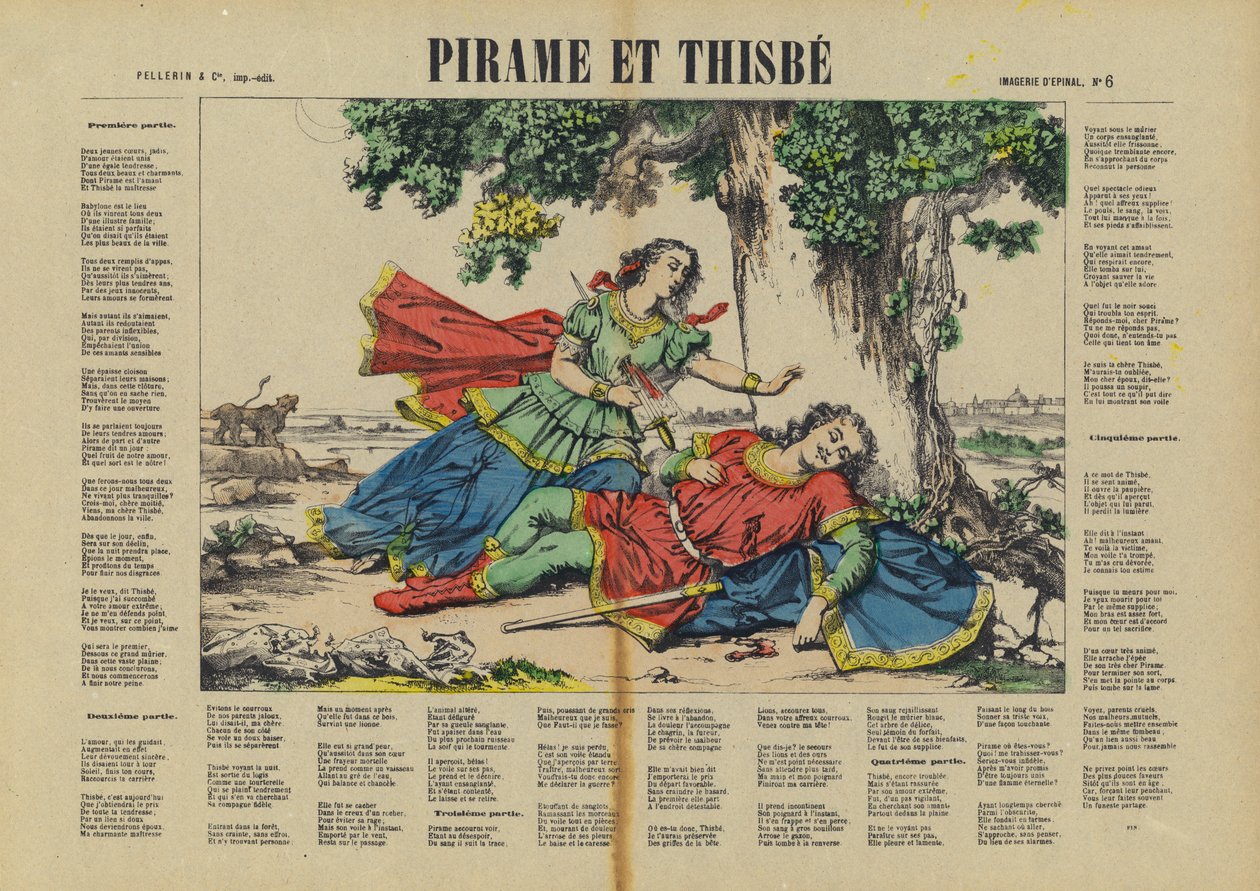 Píramo y Tisbe (litografía en color) de French School