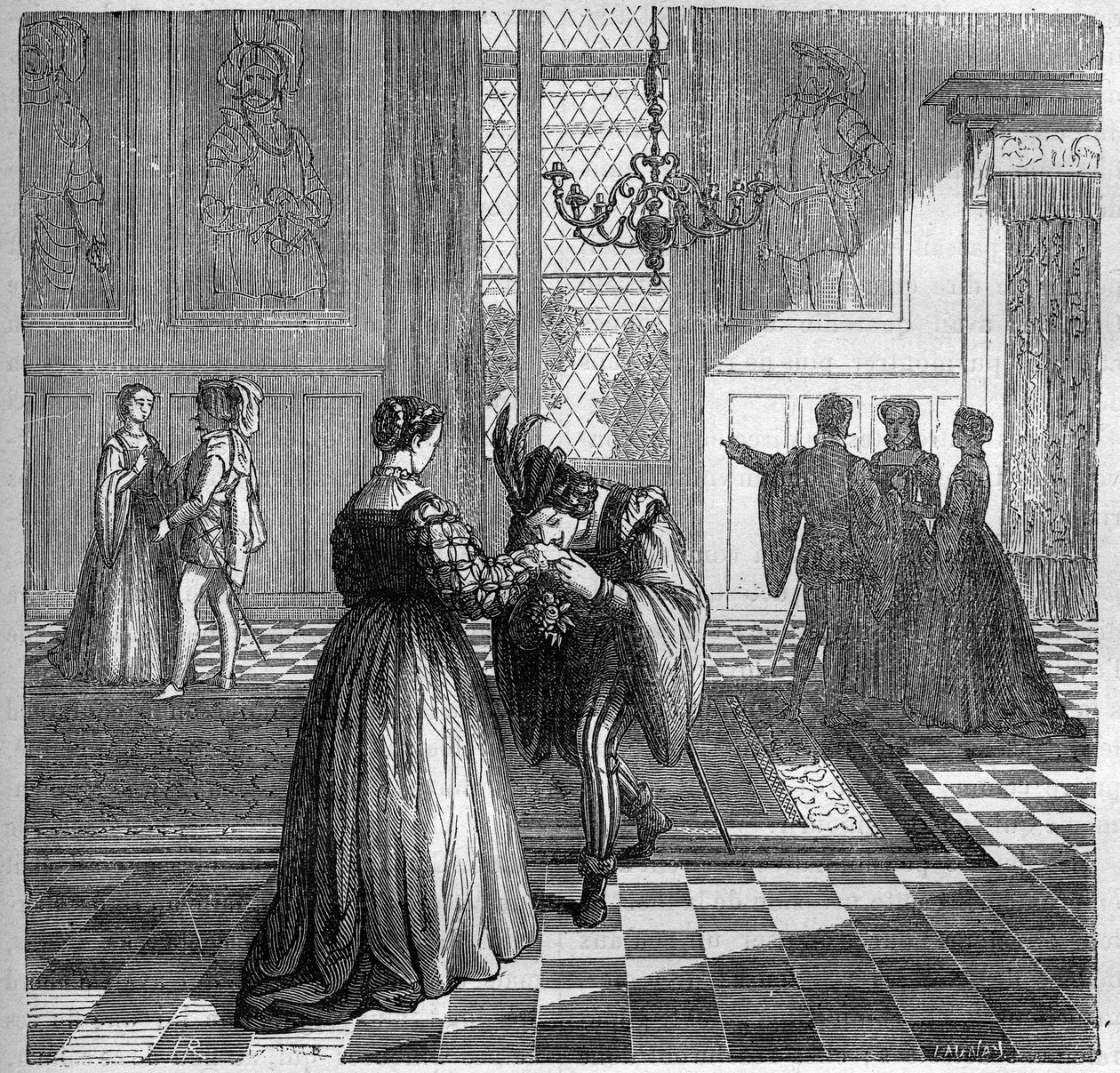 La Reina Margarita de Navarra (1492-1549) se encuentra con Pomini. Grabado en “La historia de la prostitución y la depravación entre todos los pueblos del mundo desde la antigüedad hasta el presente” por el Dr. Th. -F. Debray. 1879. de French School