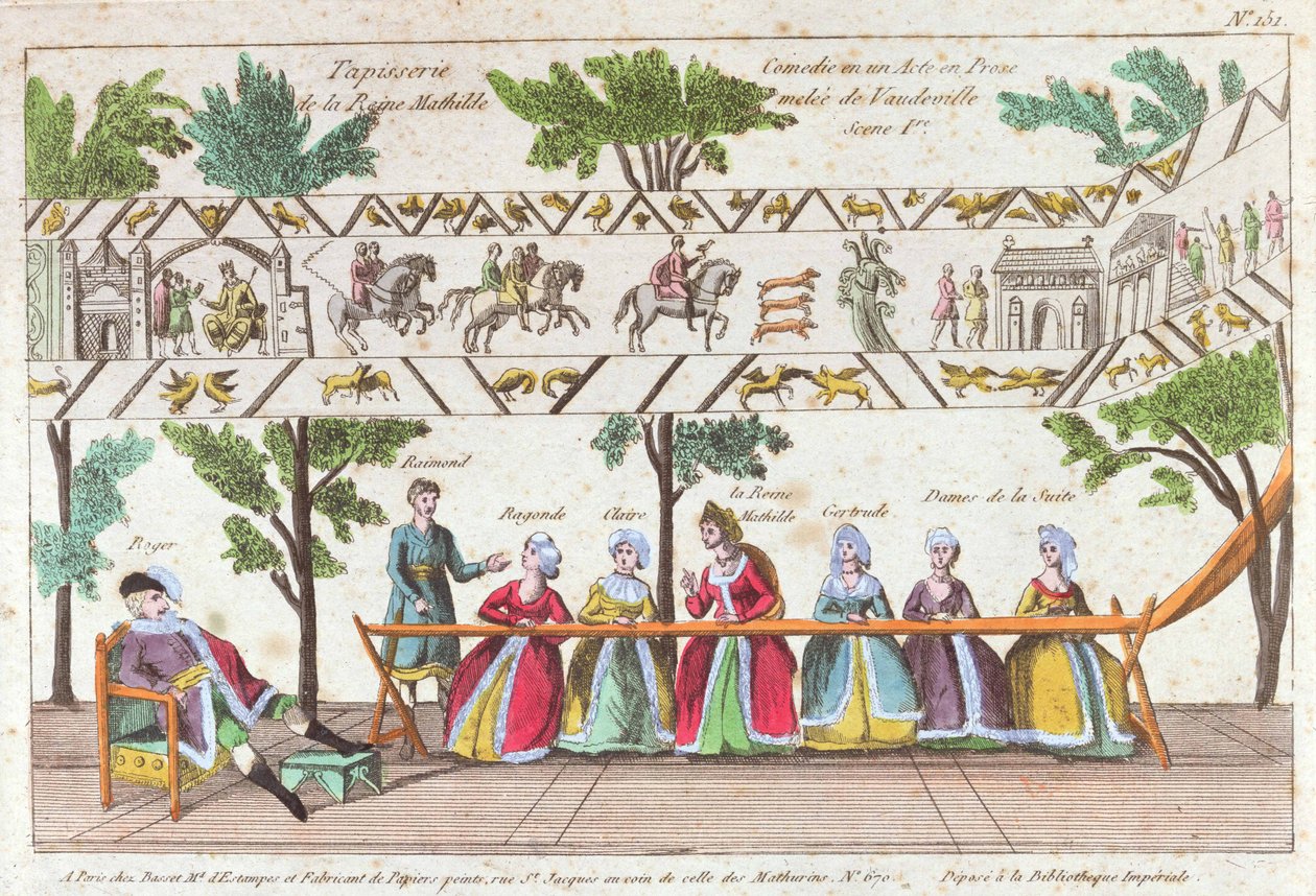 La reina Matilde y sus sirvientes tejiendo el Tapiz de Bayeux, escena de una representación de Vaudeville de French School