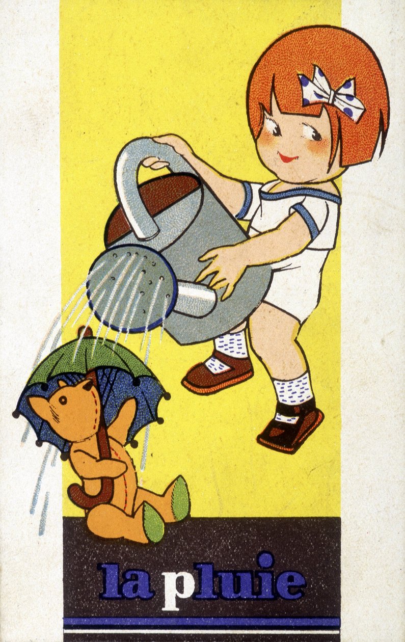 Representación de la lluvia: una niña con una regadera de French School