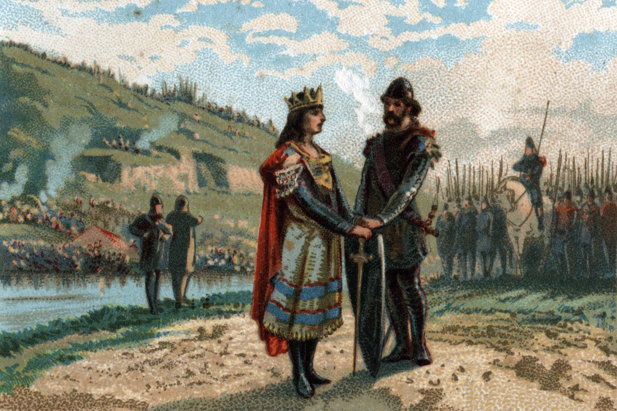 Rainfroy (Rainfroi) alcalde del palacio de Neustria se alía con los frisones y sajones para luchar contra Austrasia. Cromolitografía alrededor de 1890. de French School