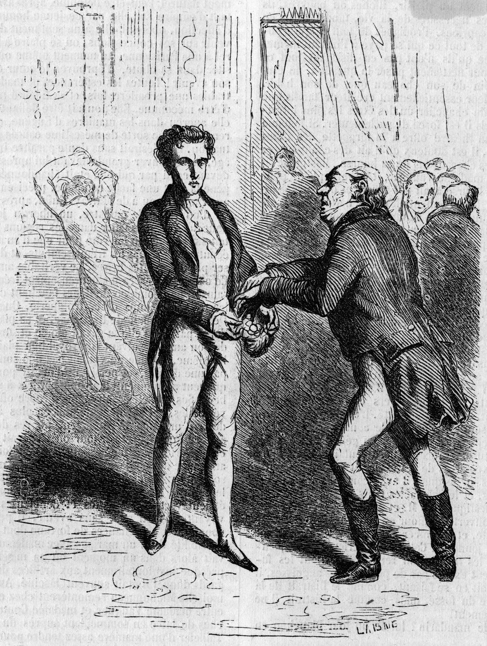 Rastignac mareado deja que el hombre de cabello blanco tome diez luises. Grabado a mediados del siglo XIX. Ilustración para "El padre Goriot" de Honoré de Balzac (1799-1850). de French School