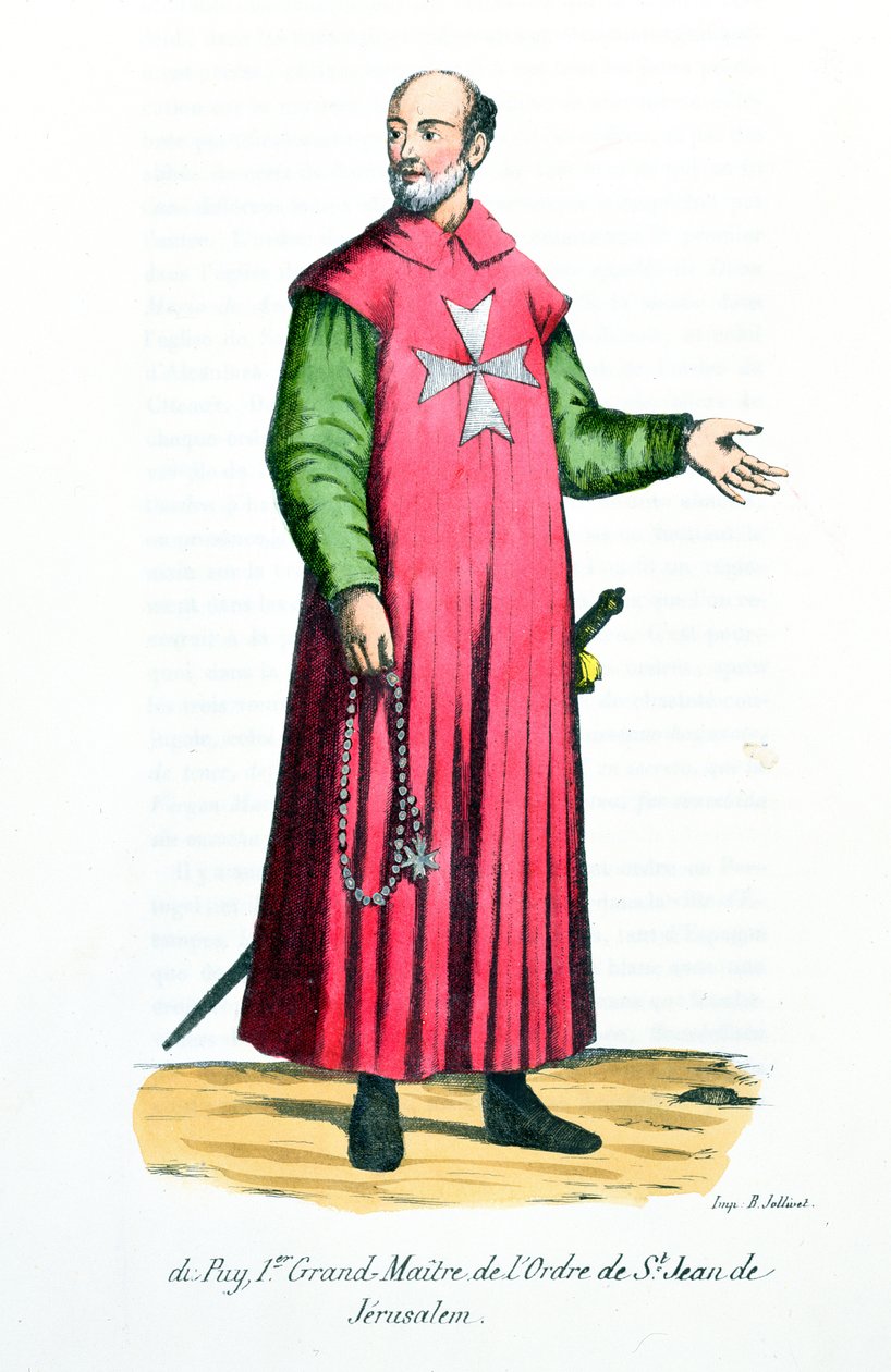 Raymond de Puy, Primer Gran Maestre de la Orden de San Juan de Jerusalén, ilustración de Historia y Trajes de Órdenes Monásticas por el Padre Helyot, 1842 de French School