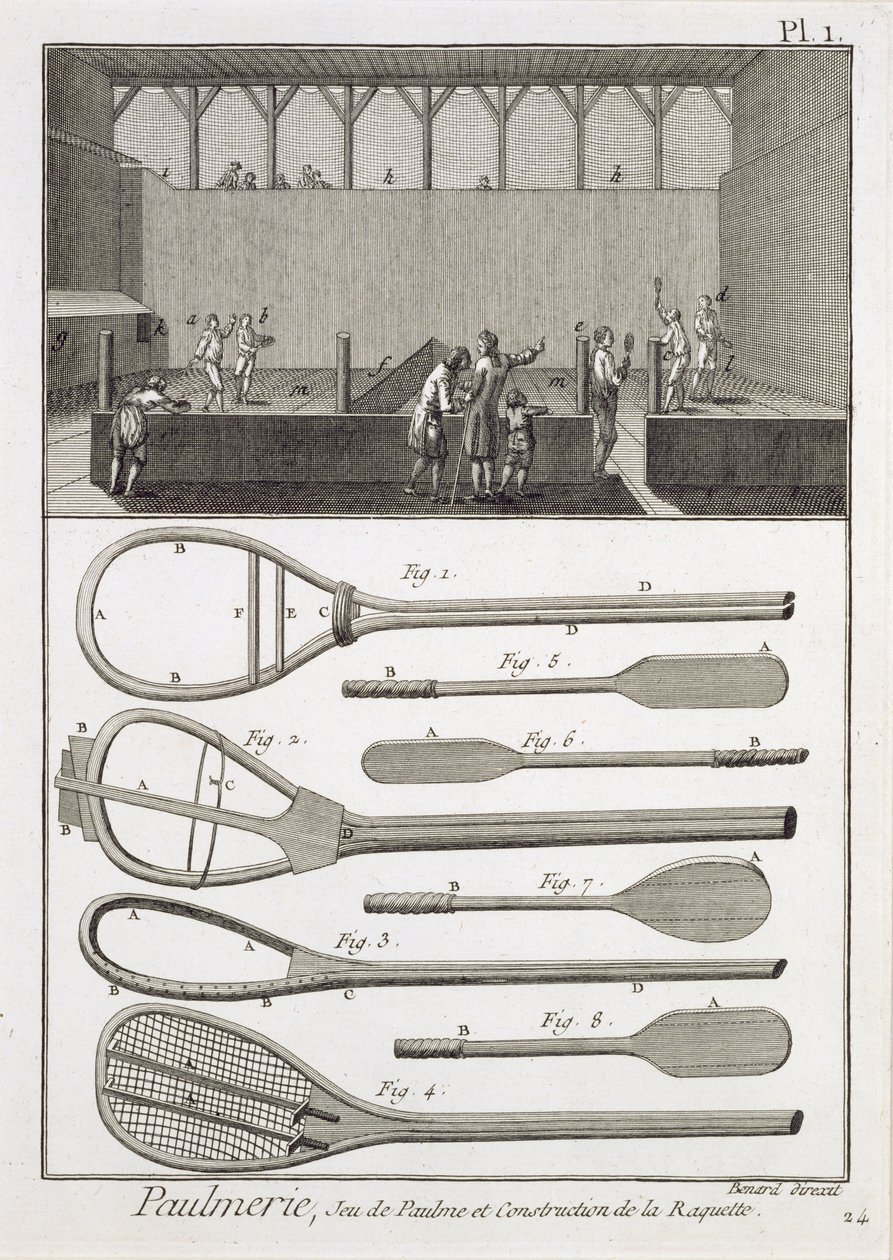Tenis real y la construcción de raquetas, de la Enciclopedia de Denis Diderot (1713-84), grabado por Robert Benard (n.1734), publicado c.1770 de French School