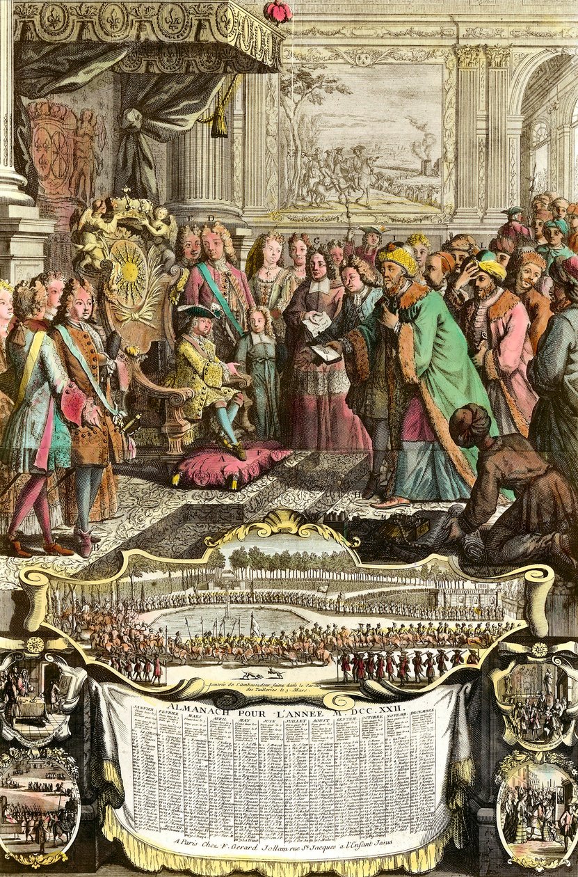Recepción de Mehemet Effendi embajador turco del gran sultán Achmet por Luis XV el 21 de marzo de 1721 en las Tullerías. Grabado del siglo XVIII. Colección particular. de French School