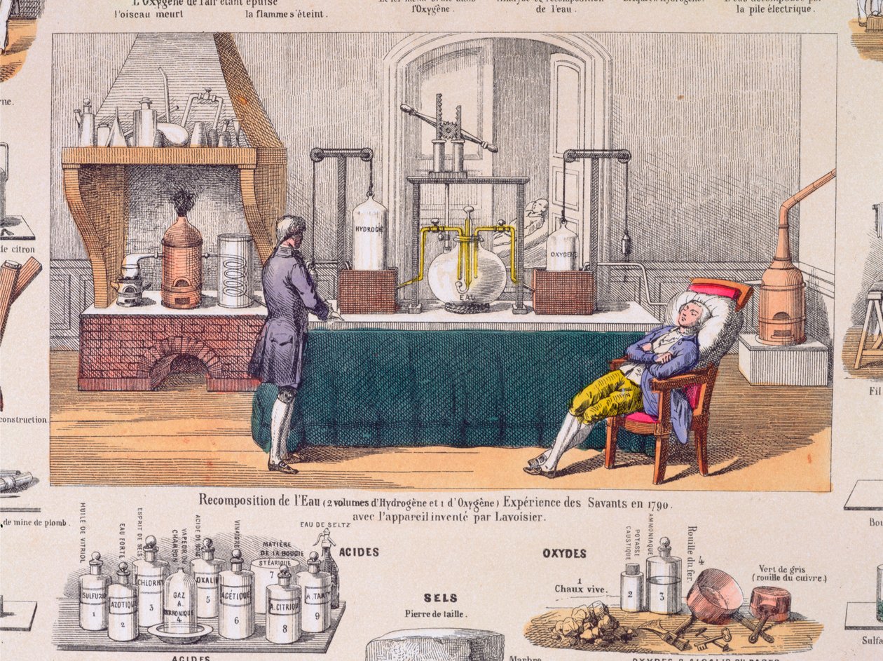 Recomposición del agua a partir de hidrógeno y oxígeno: Antoine Laurent de Lavoisier (1743-94) experimentando sobre la respiración de un hombre en reposo, ilustración de una placa educativa, c.1860 (grabado en color) de French School