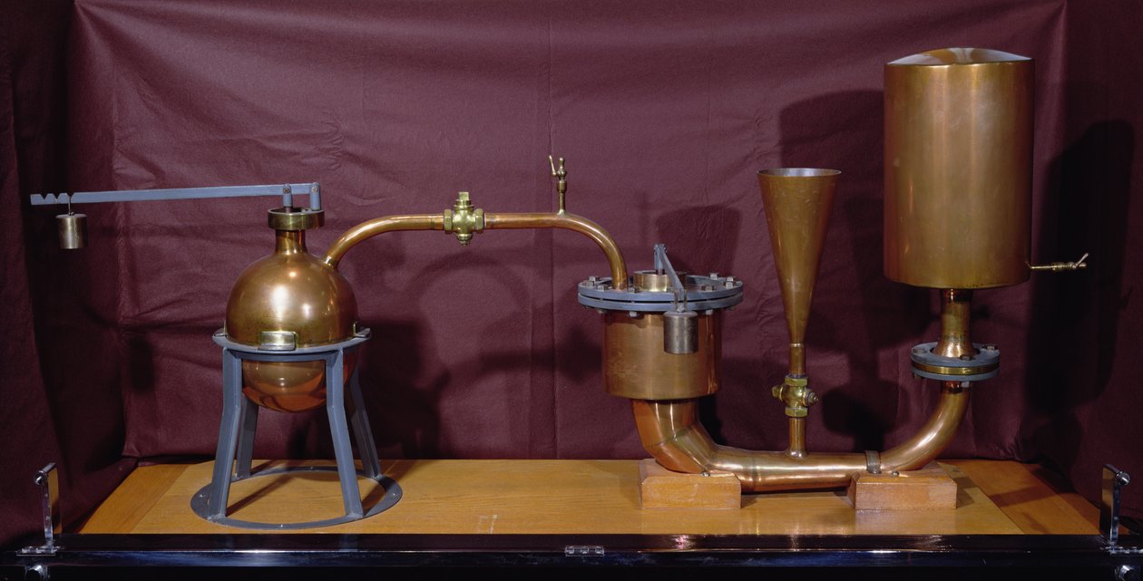 Reconstrucción de una máquina de presión de vapor inventada por Denis Papin (1647-1712) (cobre) de French School