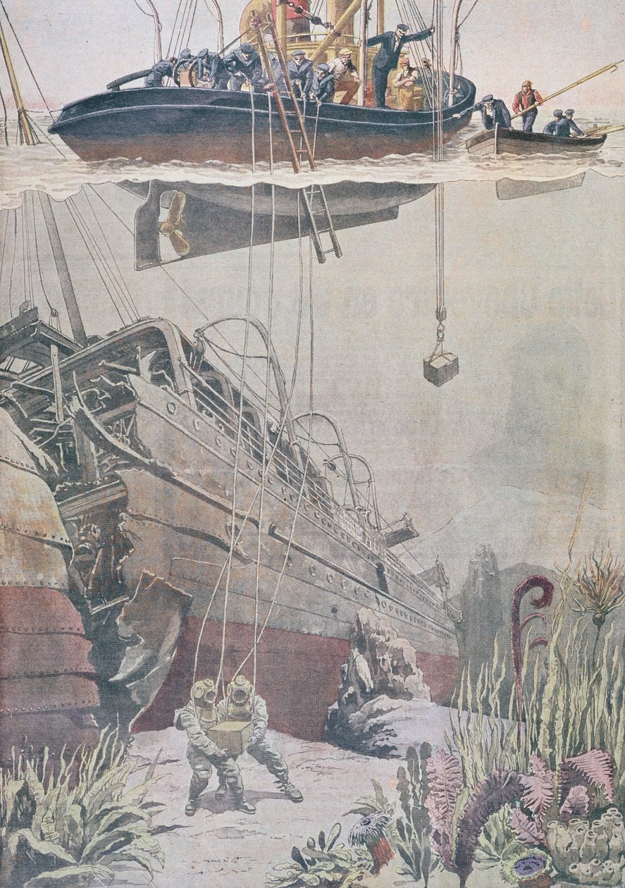Recuperación del tesoro del naufragio del Oceana, ilustración de Le Petit Journal, 1912 de French School