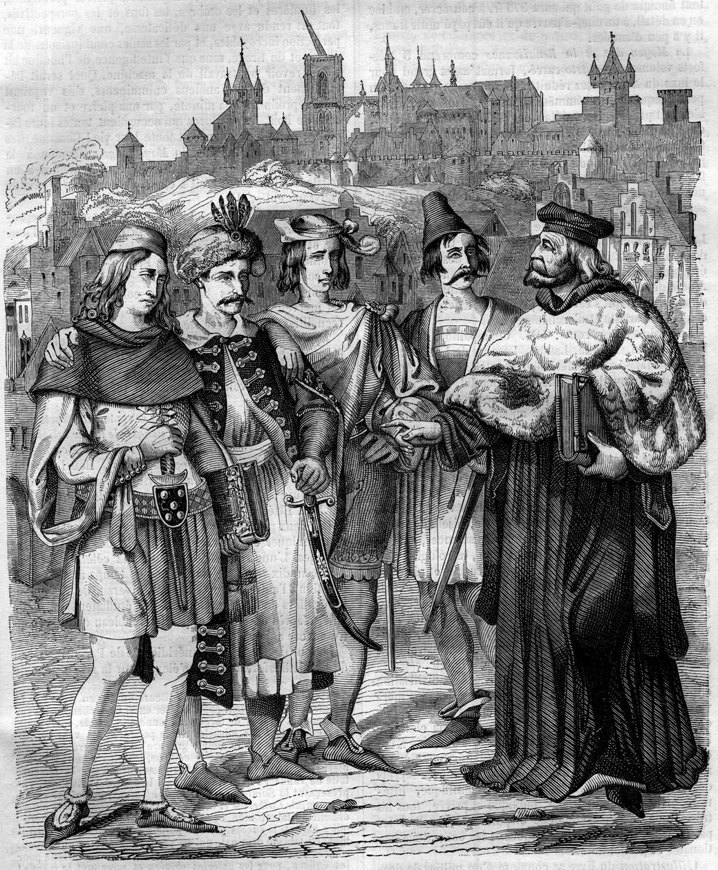 Rector y estudiantes de varias naciones en la Universidad de Praga en el siglo XVII. Grabado de 1852. de French School