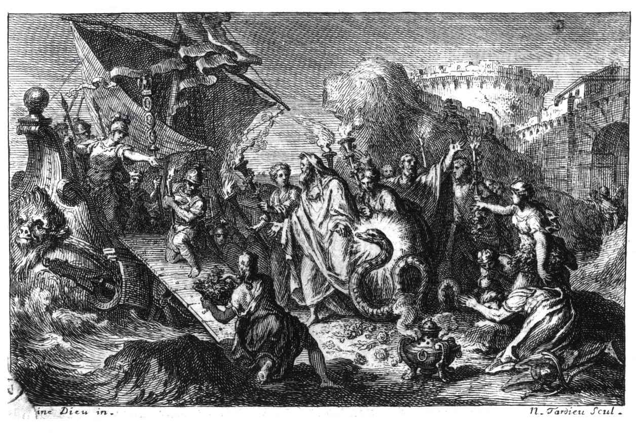 Reencarnación de Asclepio como una serpiente en el momento de la llegada de su culto a Roma desde Grecia en 293 a.C. de French School