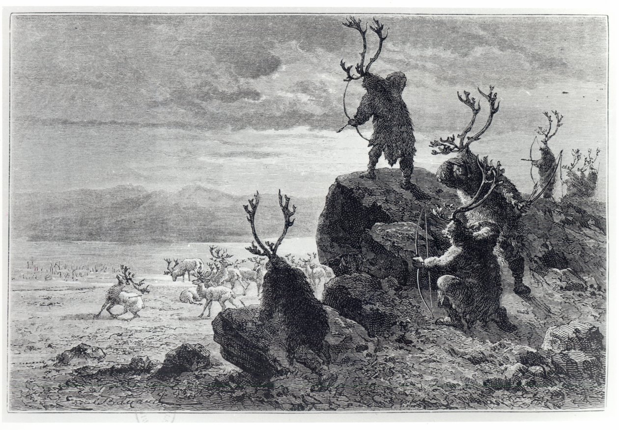 Caza de renos en la Edad de Piedra, ilustración de L