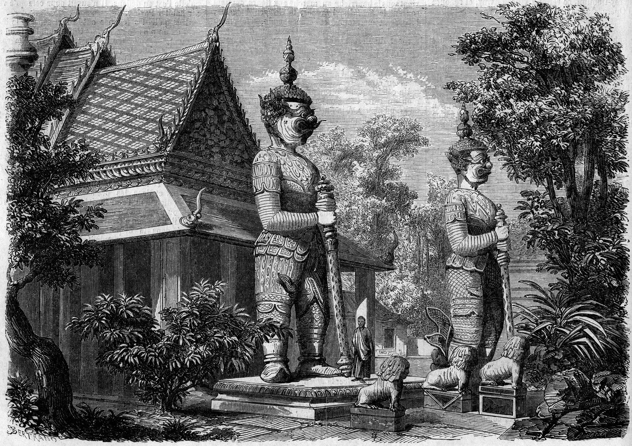 Arquitectura religiosa: vista exterior de una pagoda en Bangkok (Siam) en 1861. Grabado en "Le Monde Illustré" n°223 del 20 de julio de 1861 de French School