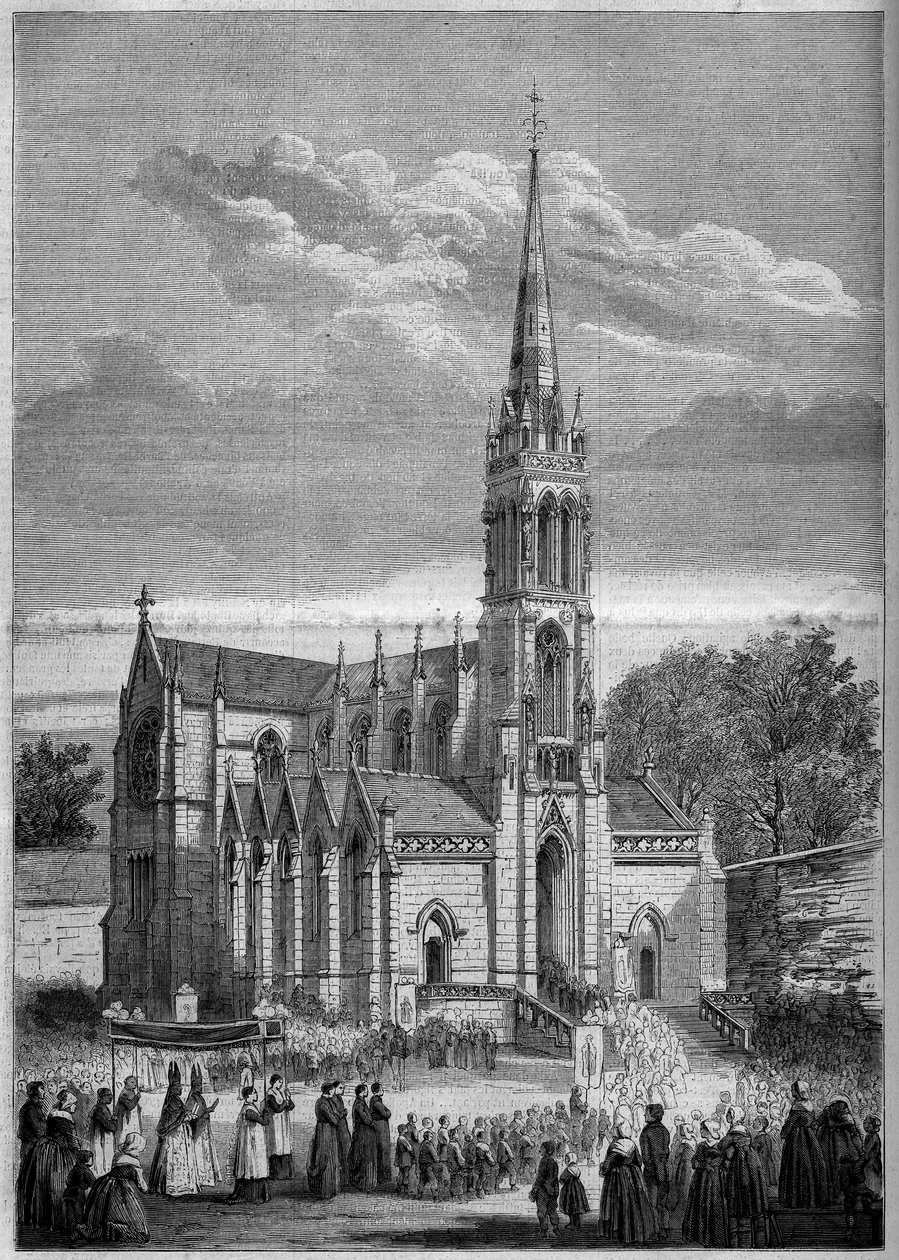 Arquitectura religiosa: vista general de la iglesia de Monfort le Retrou (hoy Montfort le Gesnois en la Sarthe (72), el día de su inauguración en 1858. De un boceto del Sr. Moulin. Grabado en Le Monde Illustré n°77 del 2 de octubre de 1858 de French School