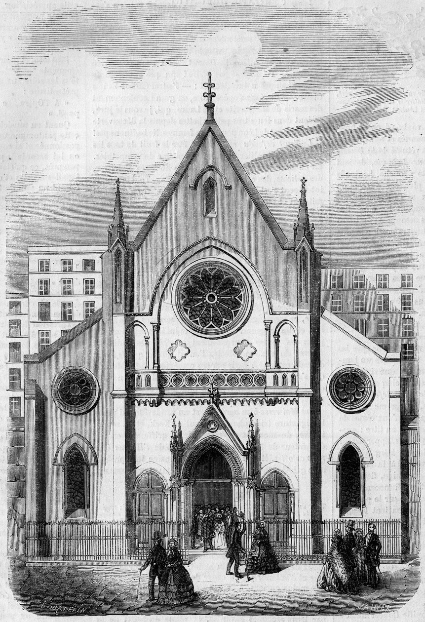 Arquitectura religiosa: vista de la fachada del Templo para estadounidenses que viven en París, rue de Berry, en 1857. Edificio construido por el arquitecto Sr. Salmon. Grabado en "Le Monde Illustré" n°33 del 28 de noviembre de 1857. de French School
