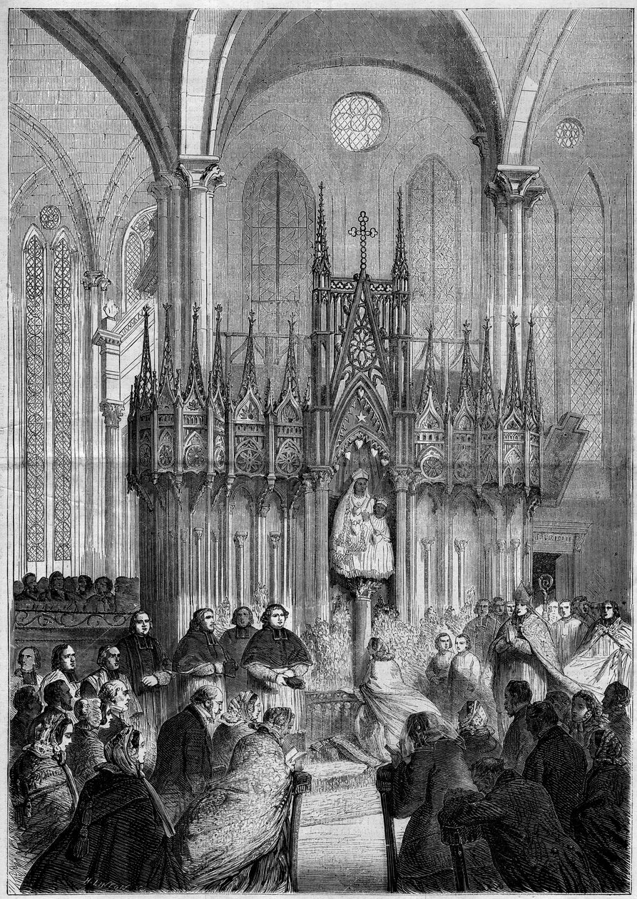 Arte religioso: estatua de Notre Dame du Pillar o "Virgo Noire" (alrededor de 1540) en la catedral de Chartres (Eure et Loire, 28) en 1858. Grabado en "Le Monde Illustré" n°89 del 25 de diciembre de 1858. de French School