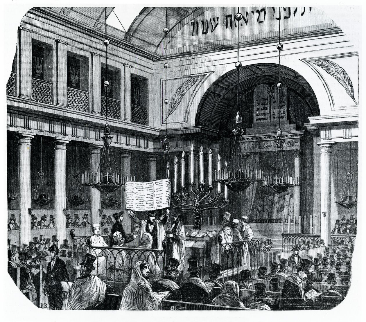 Ceremonia religiosa en la antigua Sinagoga de París para Rosh Hashaná, ilustración de Le Tableau de Paris por Edmond Texier, publicado en París, 1852 de French School