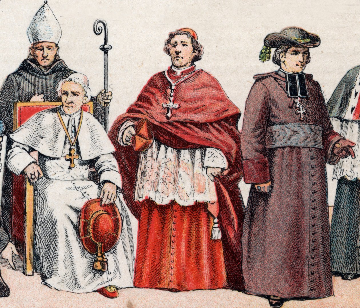 Trajes religiosos: de g a d un eveque llevando la mitra y sosteniendo la culata episcopal, el papa León XIII (Leone XIII) sentado, un cardenal en solideo prelaticio (o cappa magna), y un eveque en casaca - de i a d, obispo con mitra y báculo, el papa L de French School