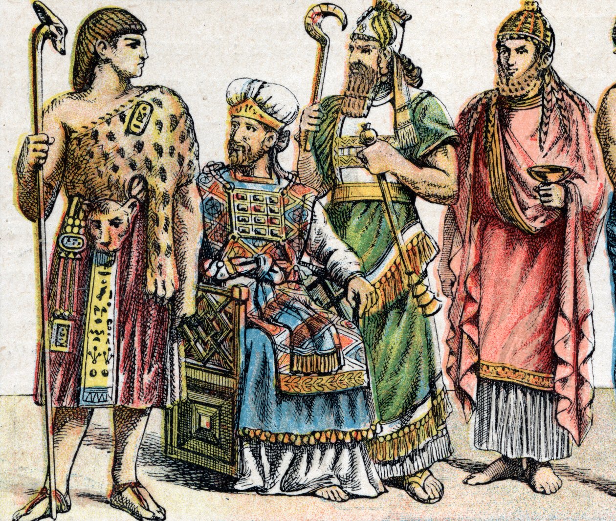 Trajes religiosos en la Antigüedad: de g a d retrato de un sumo sacerdote egipcio, de un sumo sacerdote hebreo, de un rey asirio vestido de oficiante y de un sacerdote fenicio - Grabado - Trajes religiosos en la Antigüedad: de g a d retrato de un e de French School