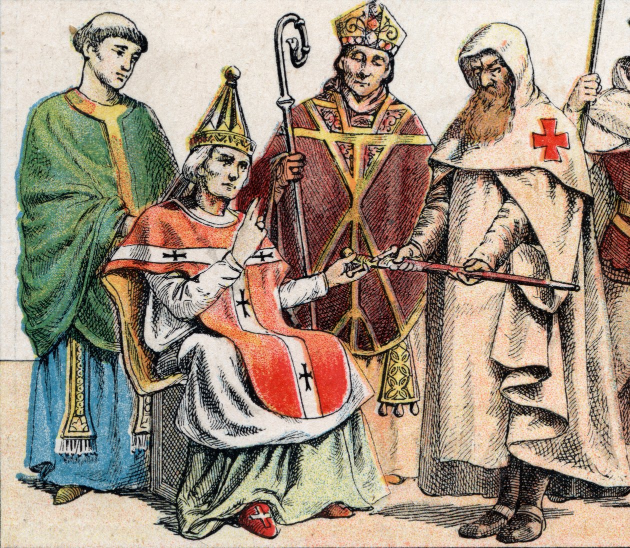 Trajes religiosos en la Edad Media: de la g a la d un sacerdote del siglo X, un papa en el siglo XI, un eveque (con mitra y culata) al siglo XII y un miembro de la Orden de los Hospitalarios (Orden de San Juan de Jerusalén) - Traje religioso de French School