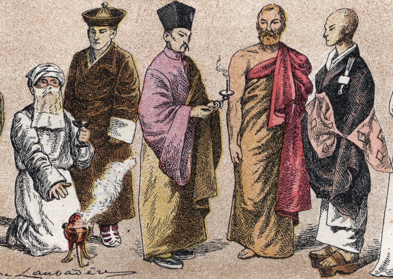 Trajes religiosos de Asia: de g a d retrato de un sacerdote Parsi (parsi o seguidor del parsismo), Lama (maestro espiritual tibetano), sacerdote budista chino, bonze de Ceilán y sacerdote budista japonés - Grabado - Trajes religiosos de Asia: de izquierda  de French School