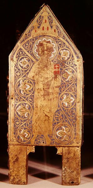 Arca relicario de San Calminio, (detalle) de San Pablo con una espada y un libro, Limoges (cobre y esmalte champlevé) de French School