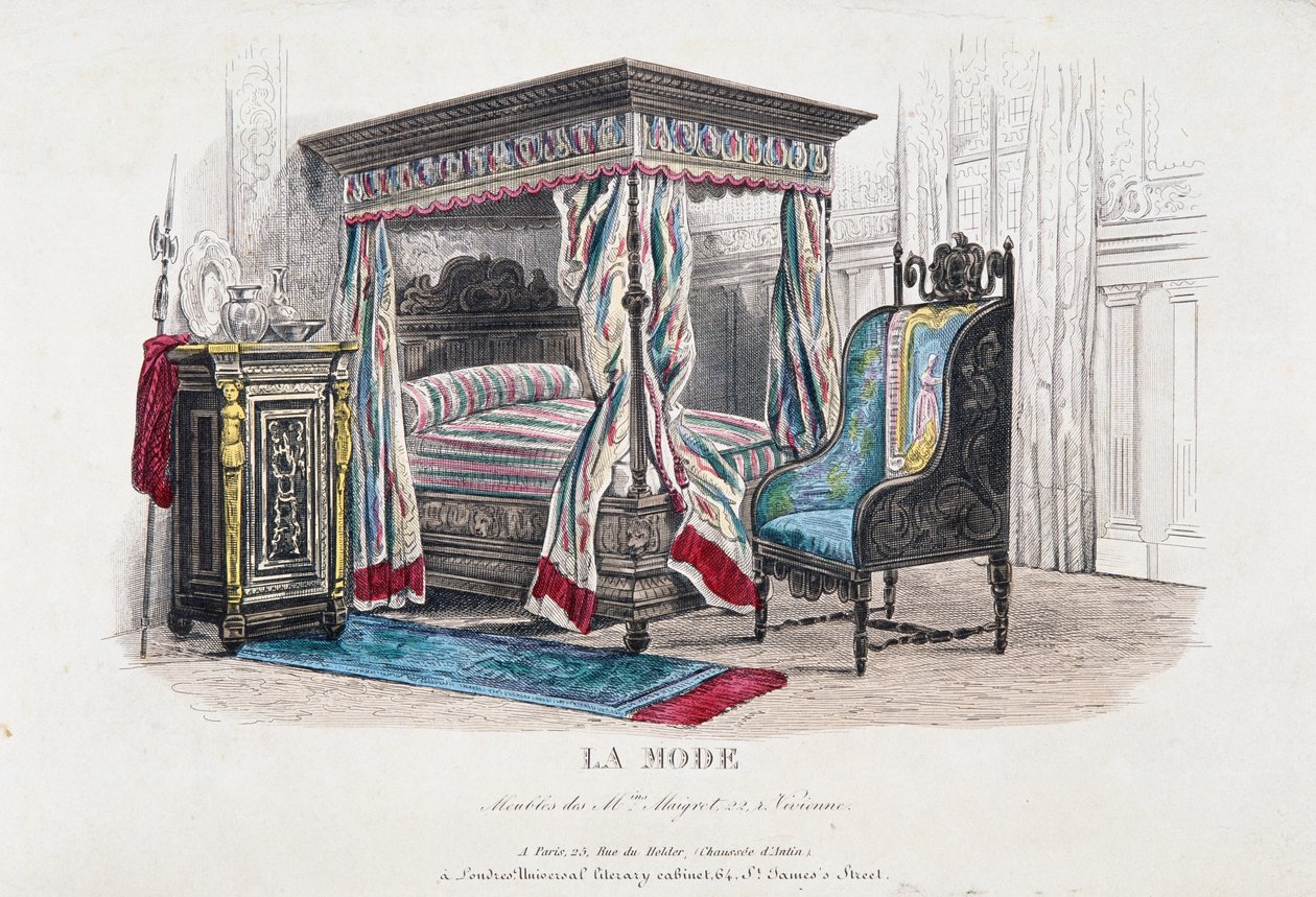 Interior de estilo renacentista revisado e interpretado al gusto de la era de Napoleón III, grabado de la revista La Mode de French School