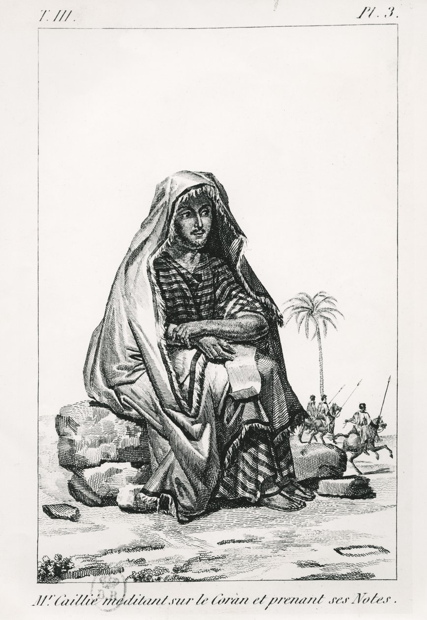 René Caillié reflexionando sobre el Corán y tomando notas, de Diario de un viaje a Tombuctú por René Caillié, 1830 de French School
