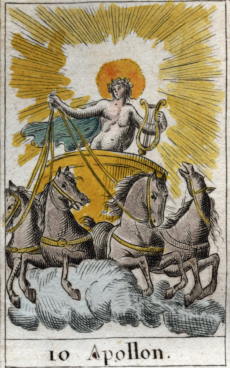 Representación de Apolo, dios del canto, la música y la poesía, en su carro. De “Mitología de la Juventud” por Pierre Blanchard 1803. de French School