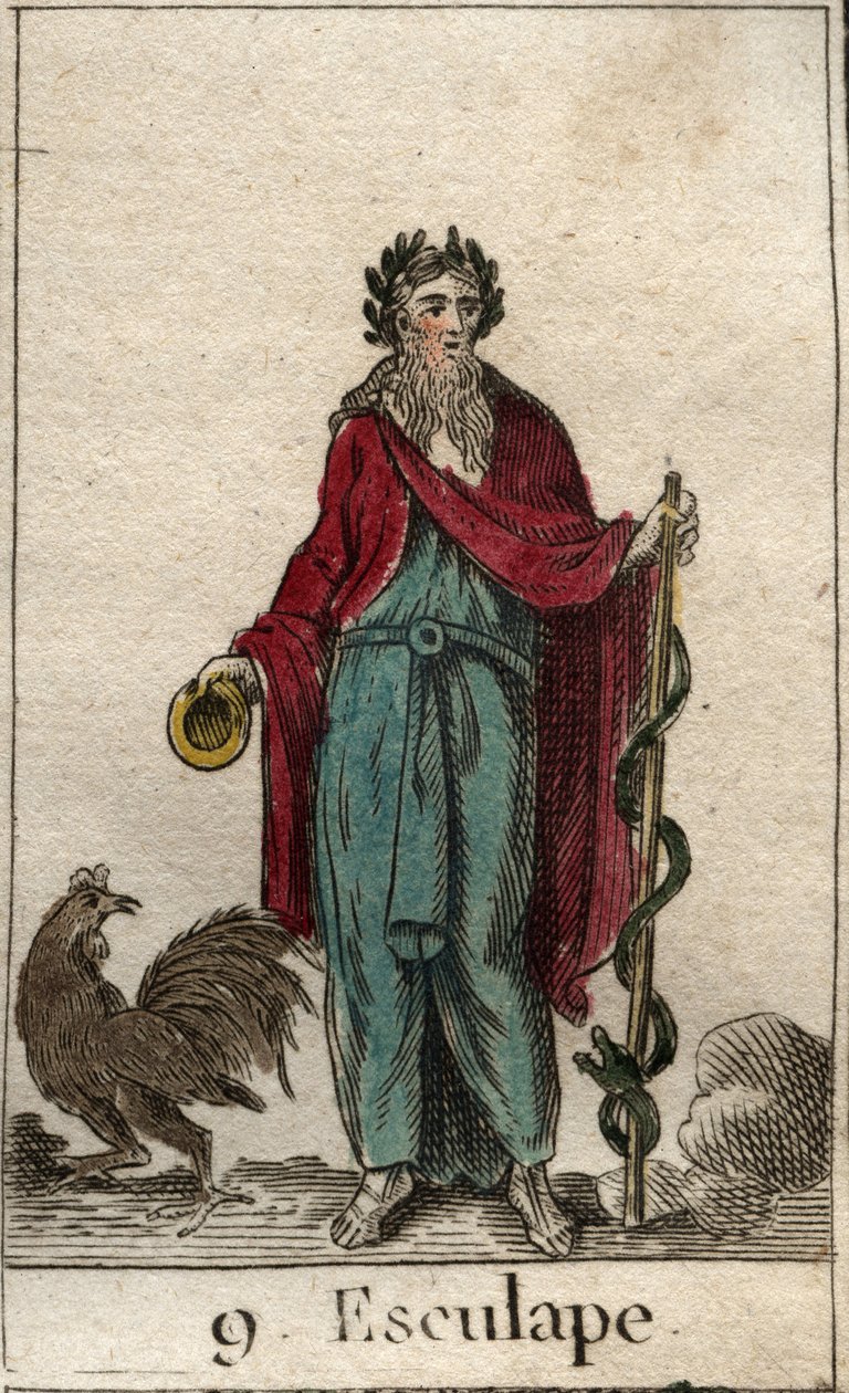 Representación de Asclepio, dios de la Medicina, sosteniendo un bastón de Asclepio, un bastón de peregrino con una serpiente enrollada, símbolo del conocimiento de French School