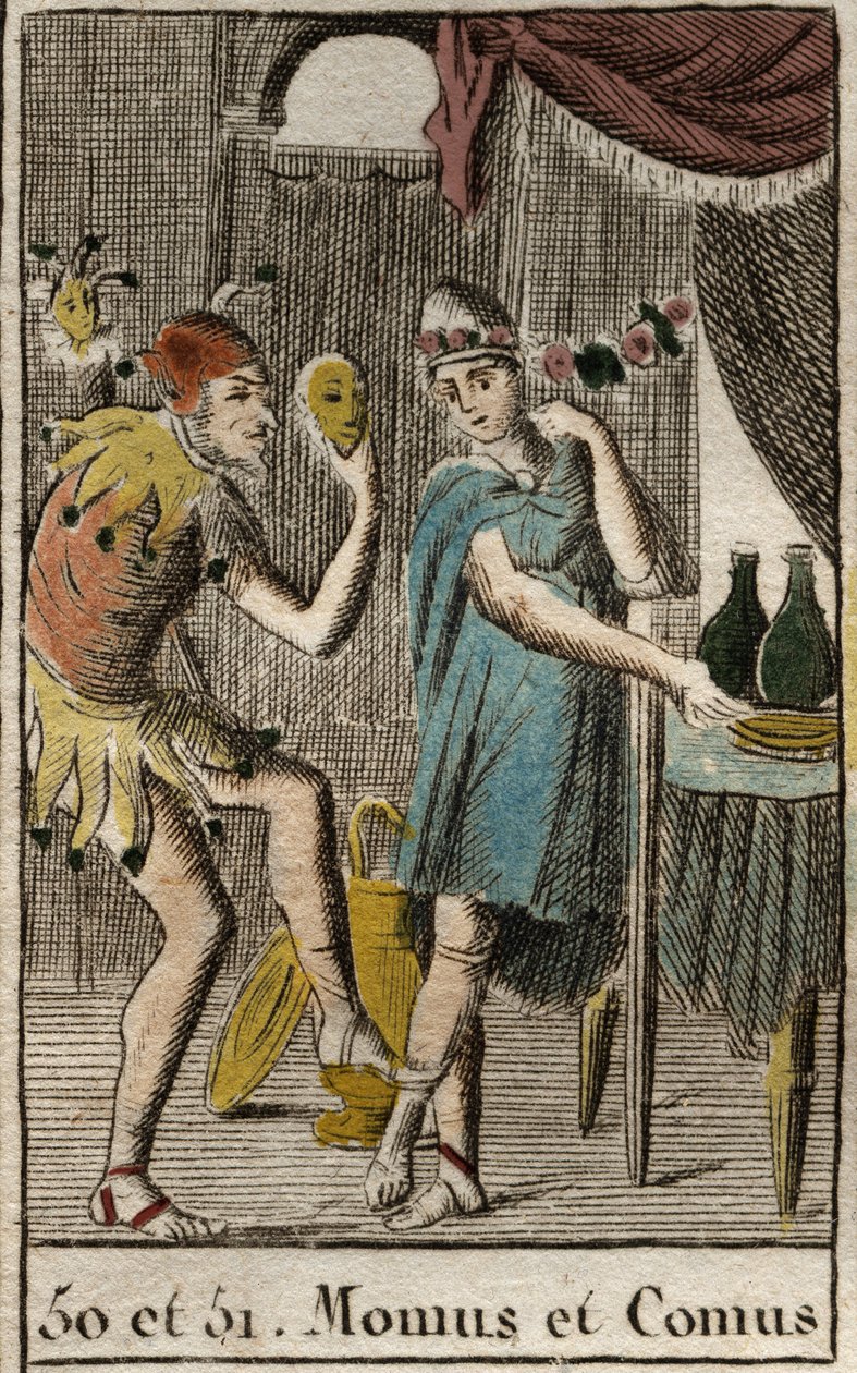Representación de Comus, divinidad de los gourmets y la cocina, preside los banquetes, representado apoyado en una estaca con una antorcha y Momos, personificación de la burla y el sarcasmo, representado como un bufón de la corte. De “Mitología de la Juven de French School