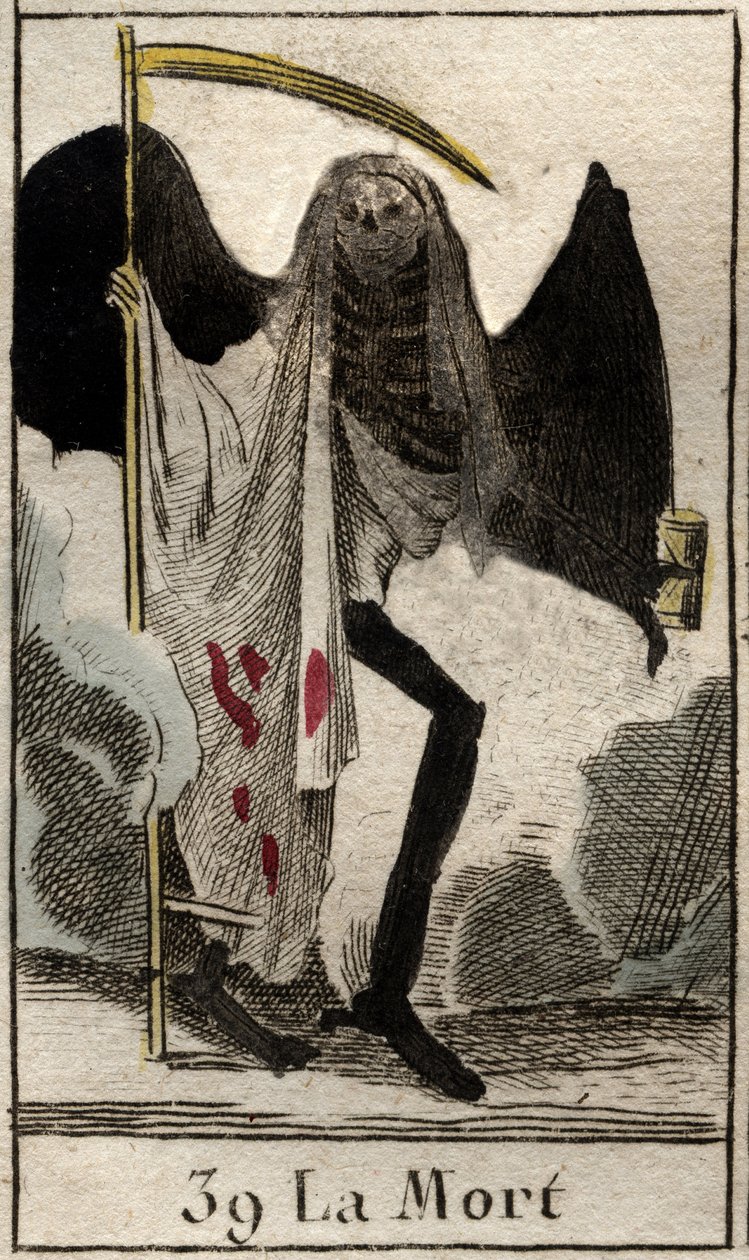 Representación de la Muerte, esqueleto alado vestido de negro, sosteniendo una guadaña. De “Mitología de la juventud” por Pierre Blanchard 1803. de French School