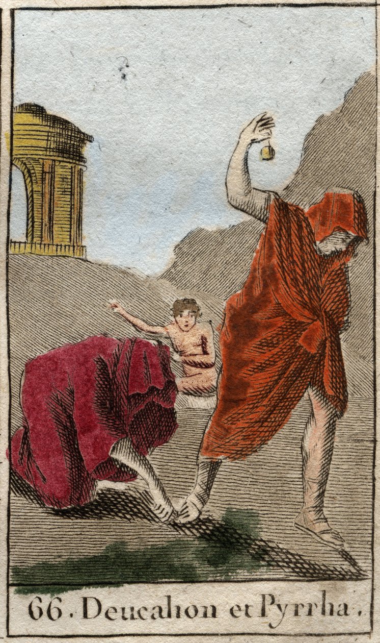 Representación de Deucalión y Pirra, los únicos sobrevivientes después del diluvio causado por Zeus para destruir la raza humana. Temis después del diluvio les pide que caminen con la cabeza cubierta arrojando detrás de ellos los huesos de su madre (las pi de French School