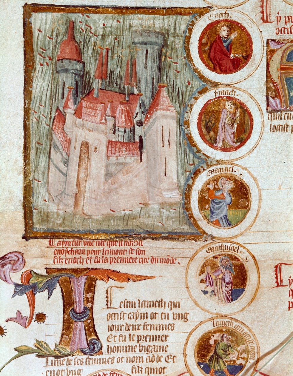 Representación de Enocham, primera ciudad del mundo fundada por Yared (Yered, Jared o Jareth) en homenaje a su hijo Enoc (Henoch o Henoc). Página tomada del manuscrito 