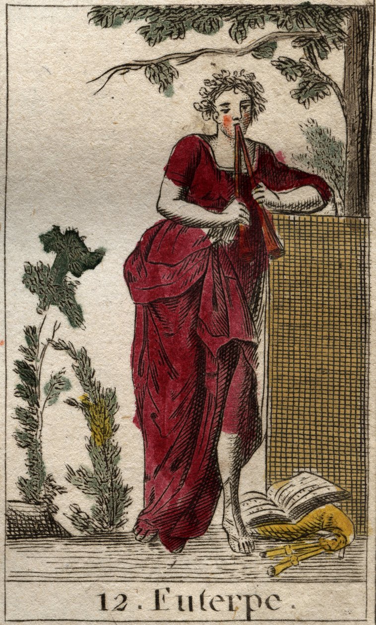 Representación de Euterpe, musa de la música, rodeada de libros de música y tocando la doble flauta (aulos). De 