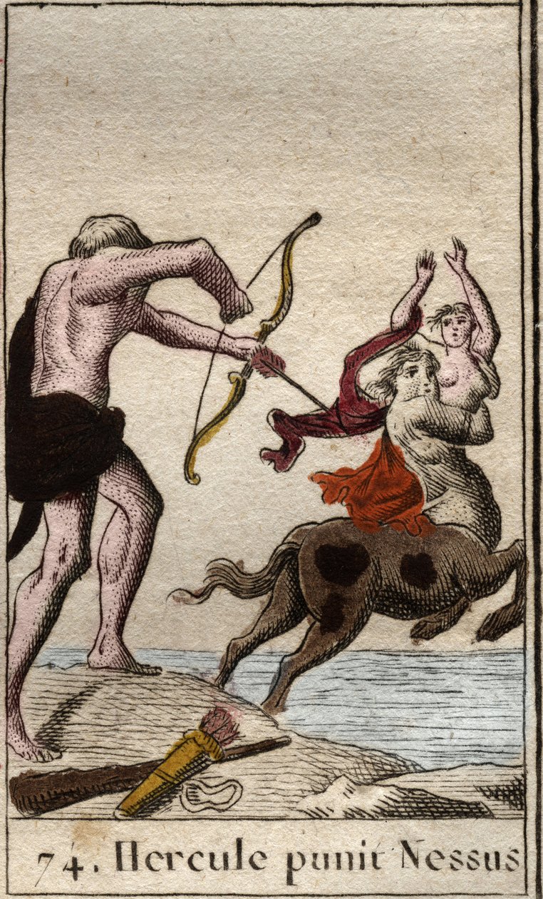 Representación de Hércules disparando una flecha envenenada al centauro Neso que secuestra a su esposa Deianira. De "Mitología de la Juventud" por Pierre Blanchard de French School