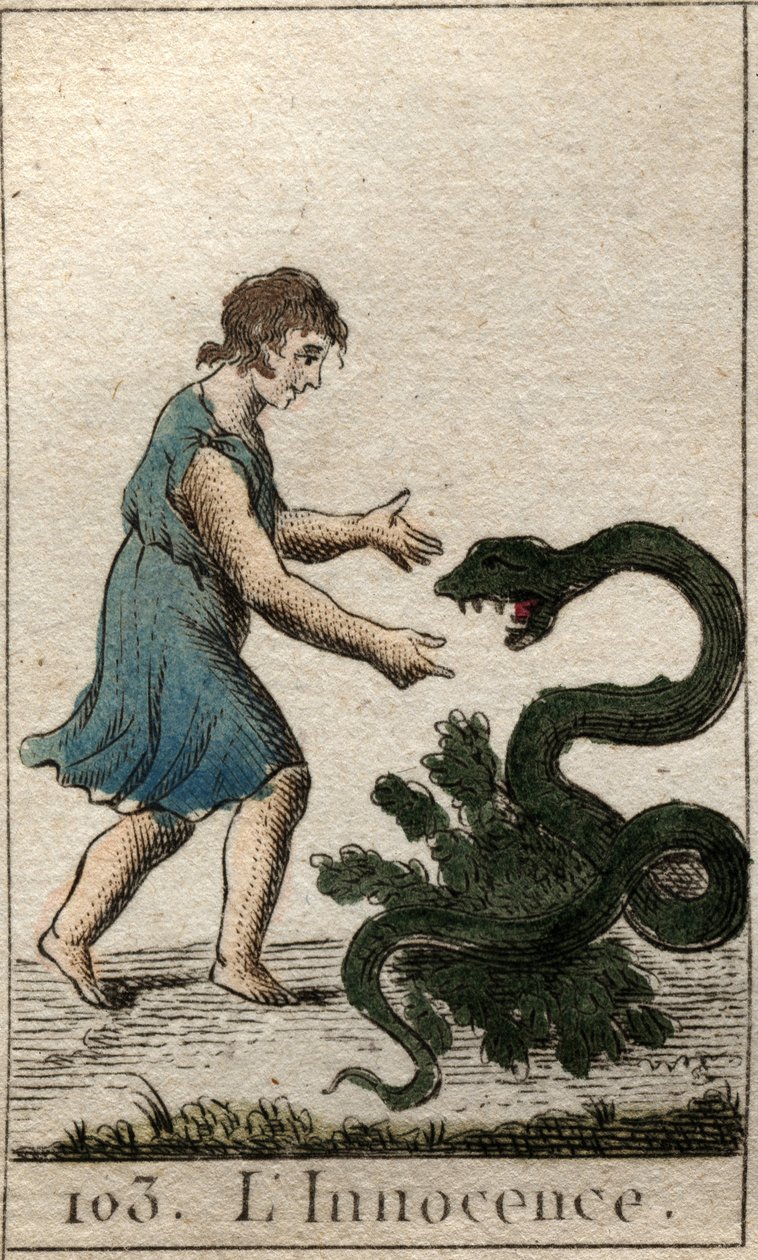 Representación de la Inocencia, como un niño alimentando una serpiente peligrosa. De “Mitología de la juventud” por Pierre Blanchard 1803 de French School