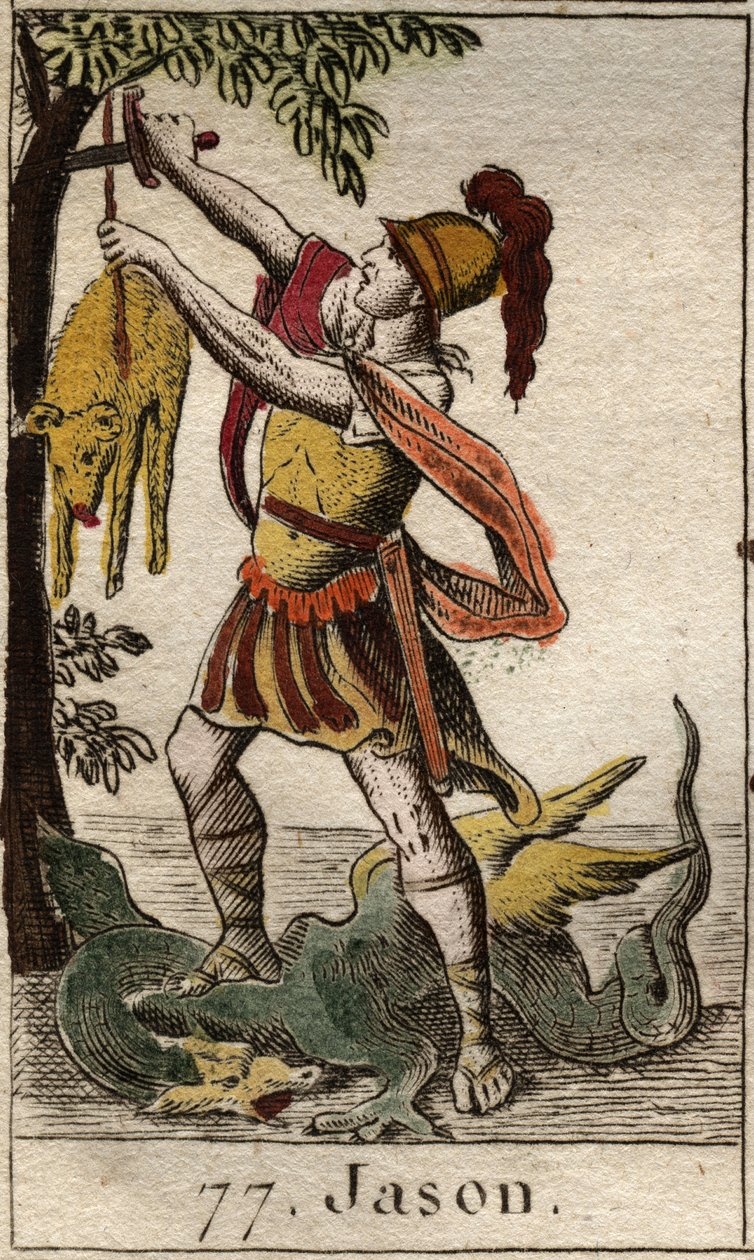 Representación de Jasón, recuperando el Vellocino de Oro, después de vencer al dragón que lo guardaba. De “Mitología de la Juventud” por Pierre Blanchard 1803. de French School
