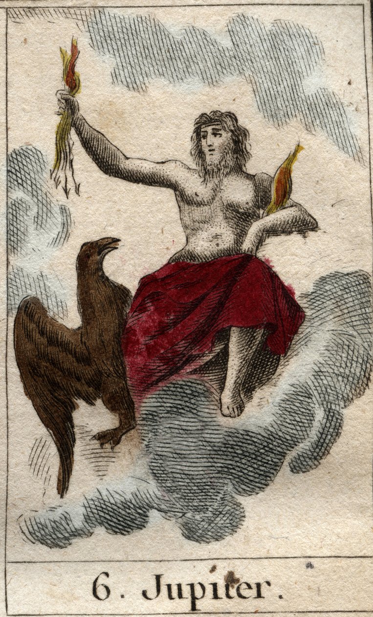 Representación de Júpiter (o Jove) rey de los dioses, y el dios del cielo y el trueno. De "Mitología de la Juventud" por Pierre Blanchard 1803 de French School