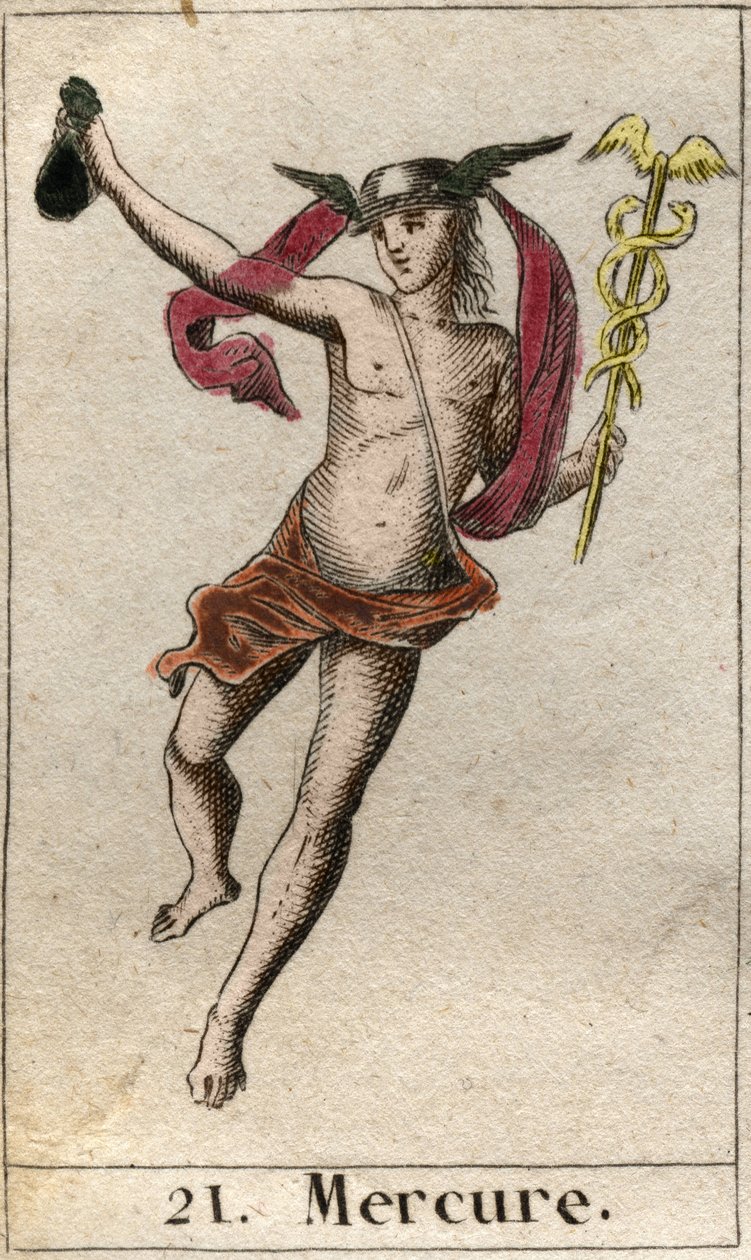 Representación de Mercurio, dios del comercio, los viajes y mensajero de otros dioses. Sostiene un caduceo y lleva un petaso. De “Mitología de la Juventud” por Pierre Blanchard 1803. de French School