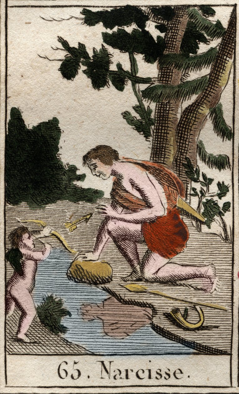 Representación de Narciso, un joven enamorado de sí mismo, que constantemente mira su reflejo. De “Mitología de la juventud” por Pierre Blanchard 1803 de French School